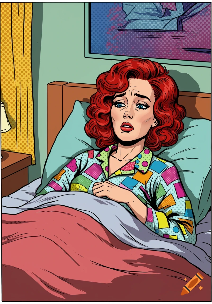 Pop art illustration of a sad redhead woman in patterned pajamas lying in bed.