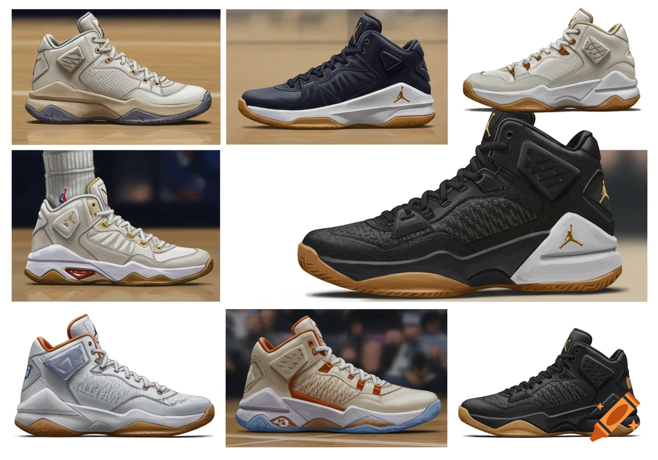A collage of nine realistic basketball shoes in various colors and designs, displayed from different perspectives.