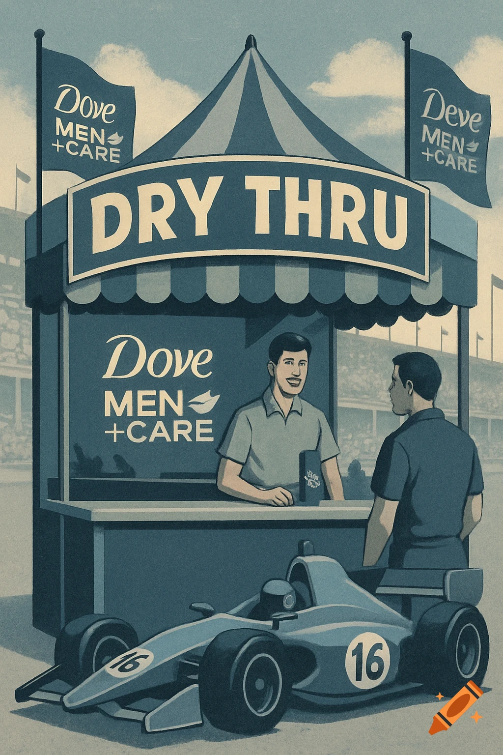 Vintage illustration of a 'DRY THRU' booth for Dove Men+Care at an Indy race, with a vendor, customer, and race car.