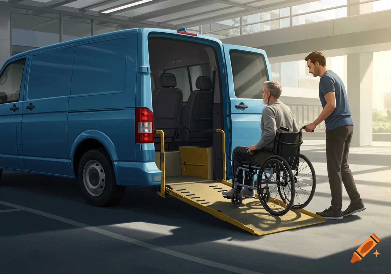 A man in a wheelchair is being loaded into the back of a blue wheelchair accessible van via a ramp by another man in a brightly lit parking garage.