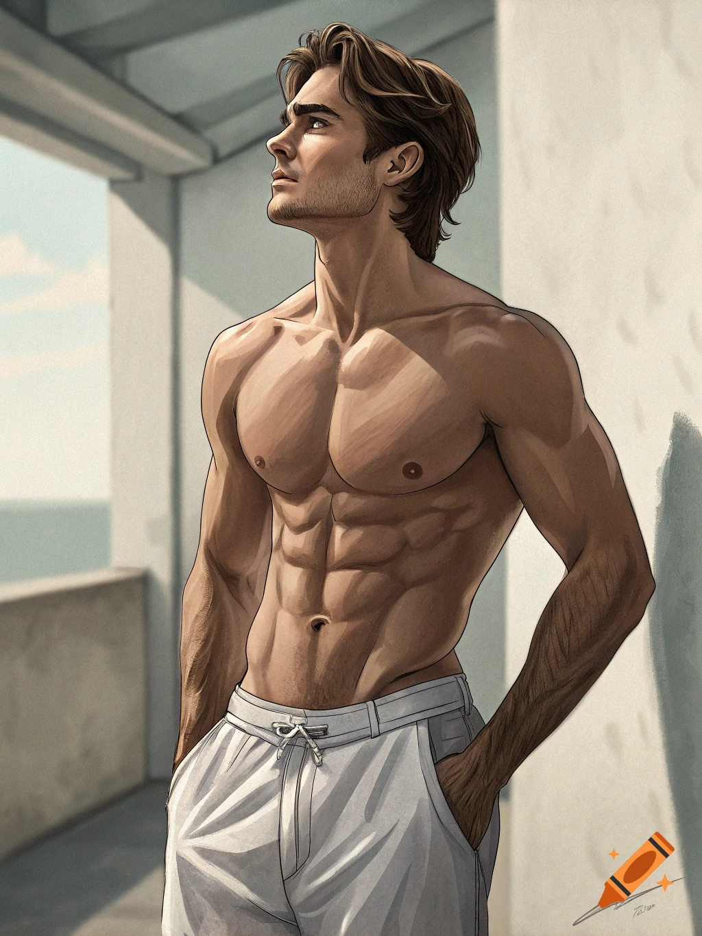 Stylized illustration of a muscular man with brown hair and light stubble, shirtless in white pants, looking up while standing on a sunlit balcony by the sea.