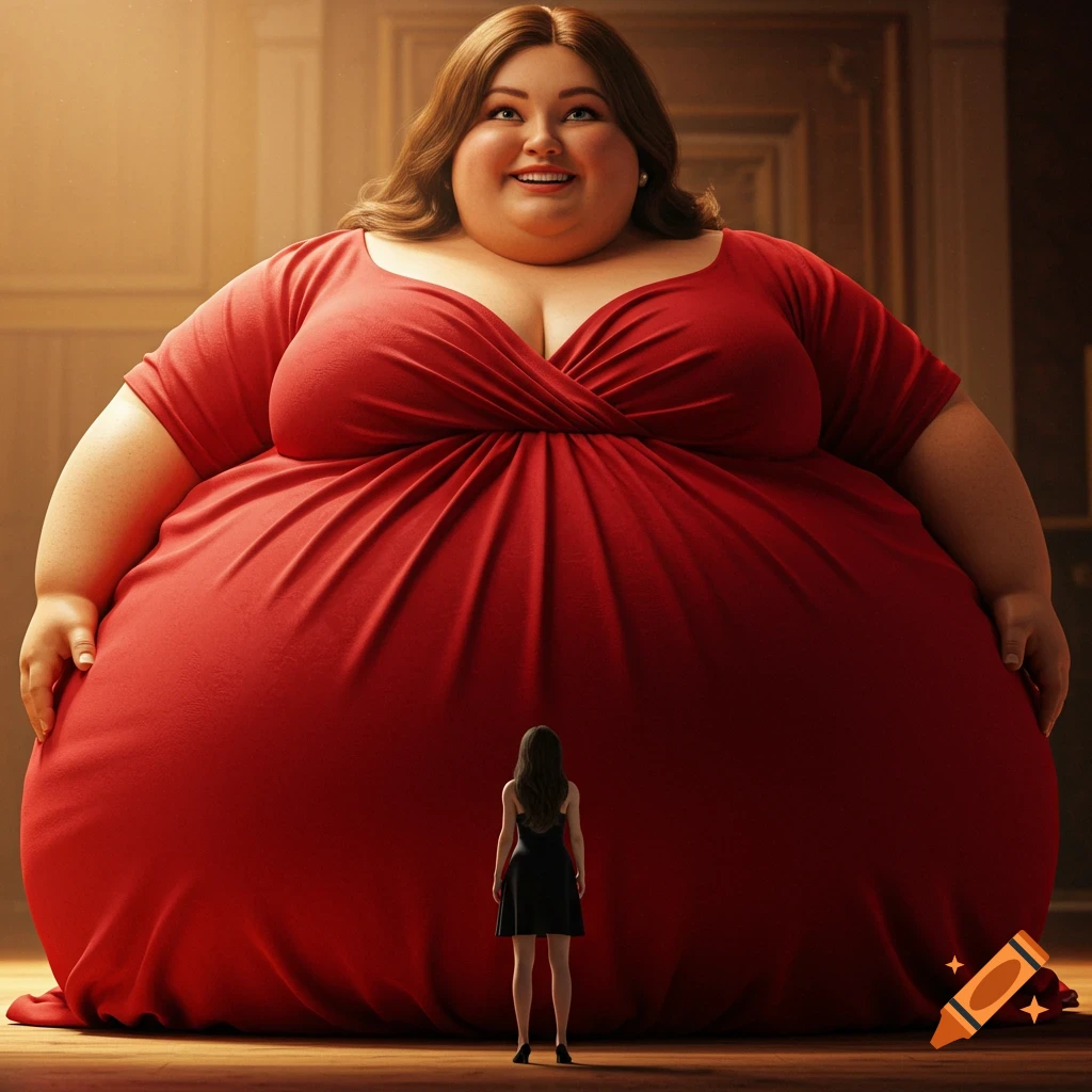 A gigantic woman in a red dress smiles down at a tiny woman in a black dress in a room.
