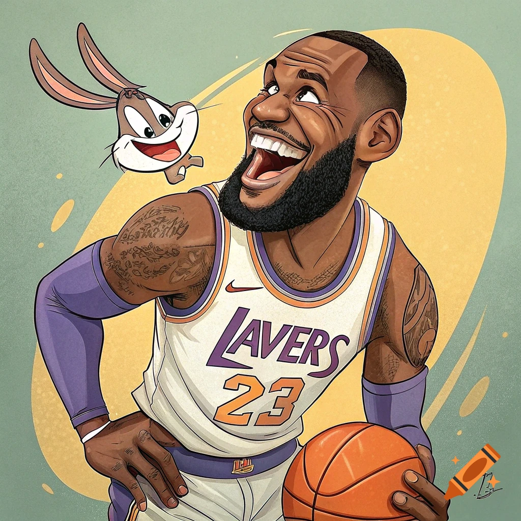 Cartoon illustration of LeBron James in a white and purple basketball jersey holding a basketball, laughing with Bugs Bunny floating nearby.