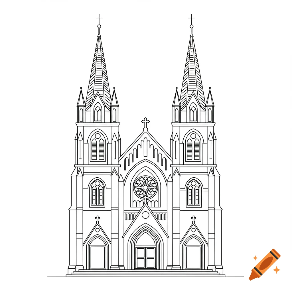 A detailed line art drawing of a symmetrical gothic-style church with two tall spires and a large rose window.