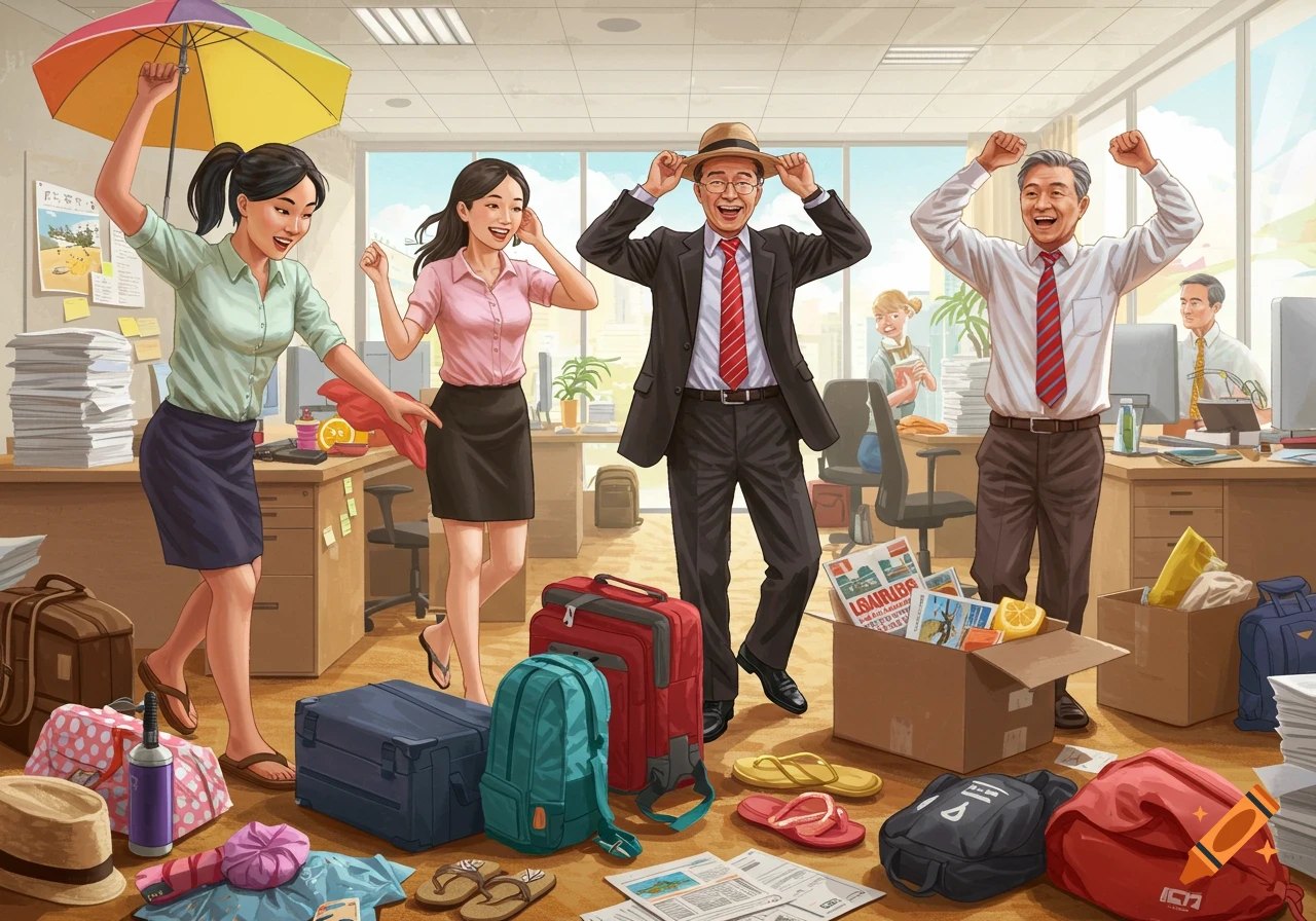 An illustration of office workers joyfully preparing for their summer holiday, surrounded by suitcases and beach items.
