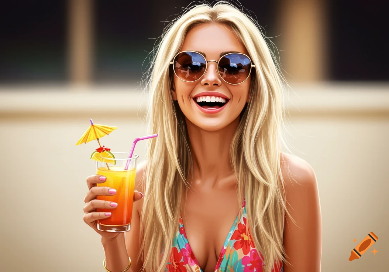 A smiling blond woman wearing sunglasses holds a colorful cocktail outdoors, in a bright, photorealistic style.