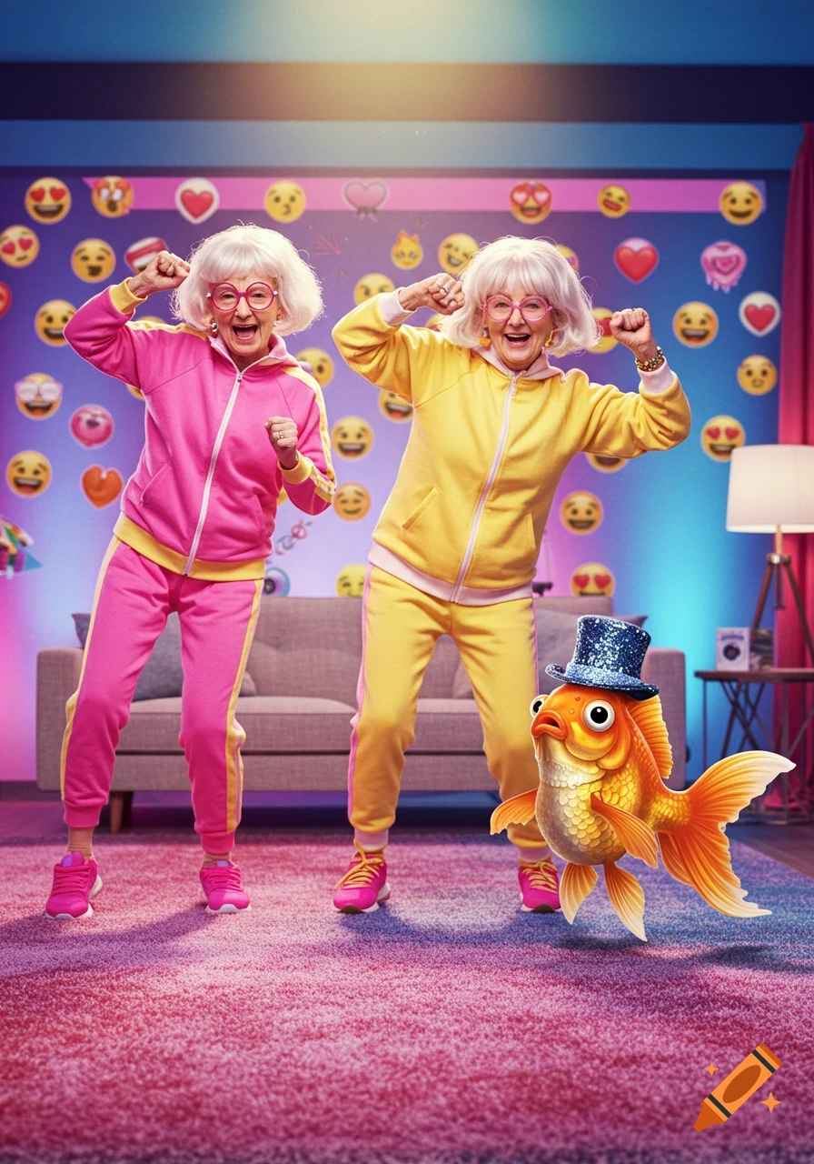 Two elderly women in colorful tracksuits dance with a goldfish wearing a top hat in a room decorated with emojis.