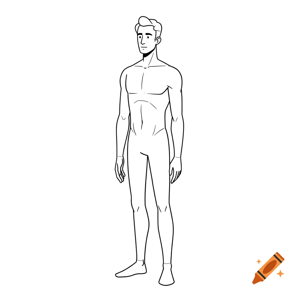 Black and white line art illustration of a standing male figure with visible musculature.