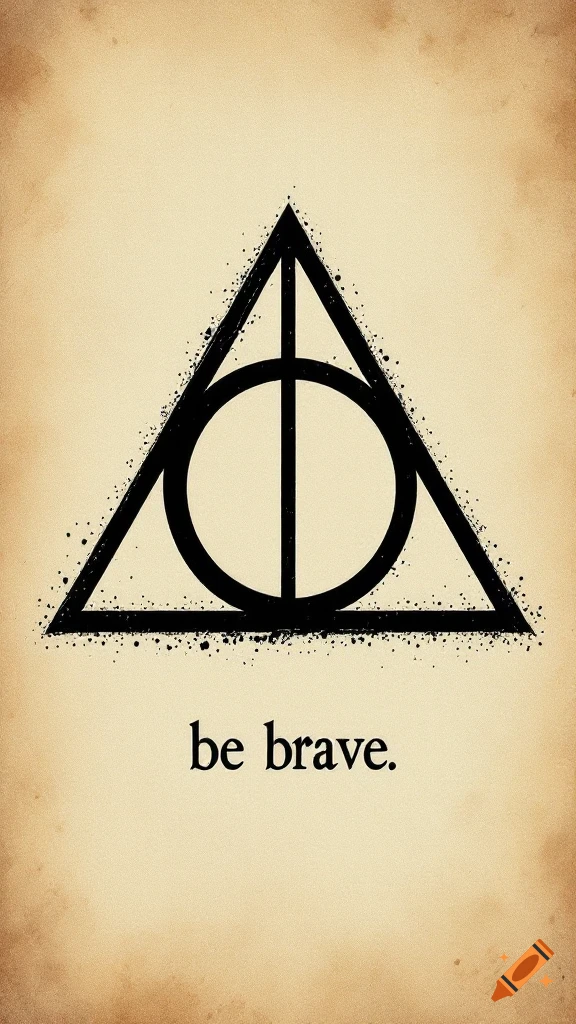 A black outline of the Deathly Hallows symbol with a distressed texture, set against a light brown, parchment-like background. Below the symbol are the words "be brave." in black, serif font.