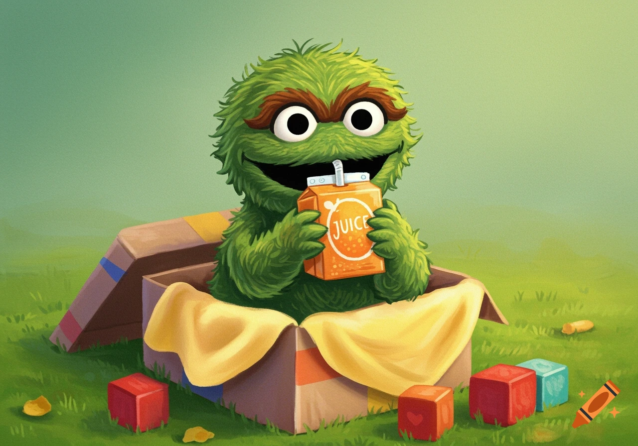 A cute, fuzzy green monster resembling baby Oscar the Grouch drinks juice from a carton while sitting in a cardboard box on green grass.