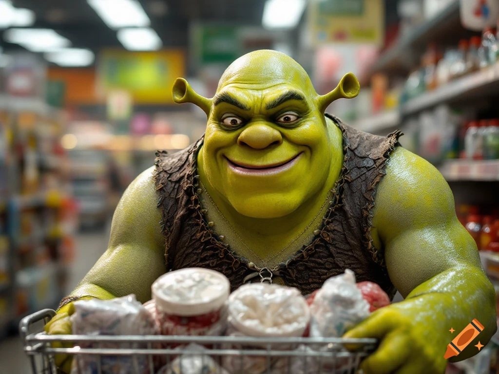 Photorealistic Shrek smiles, pushing a grocery cart in a brightly lit supermarket aisle.
