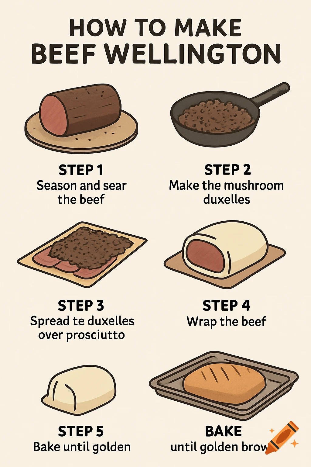 A digital illustration showing six steps to make Beef Wellington, with text instructions and cartoon-style food items.