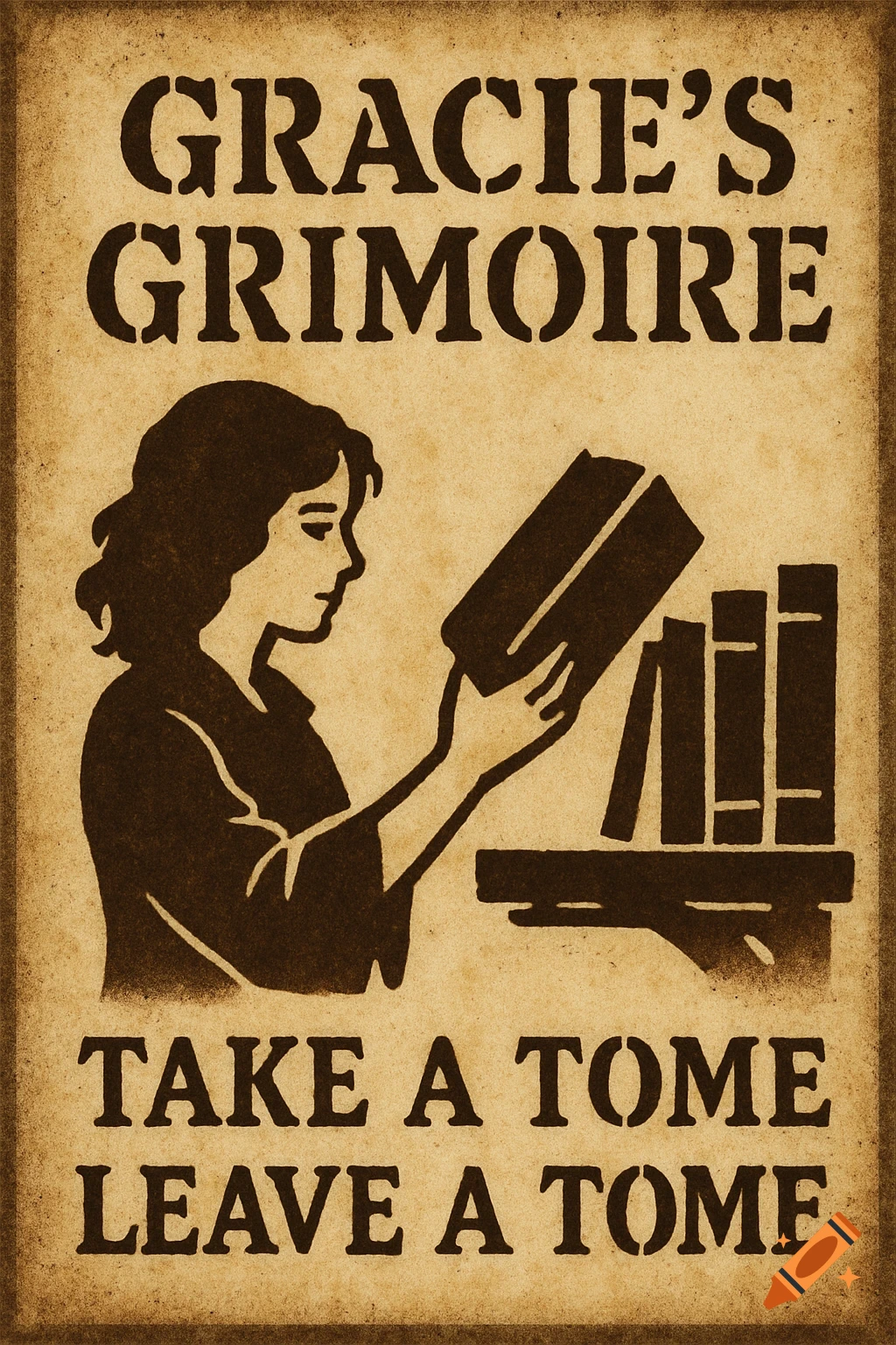 Vintage-style brown stencil poster on aged paper featuring a woman reading a book, with text 'Gracie's Grimoire take a tome leave a tome'.