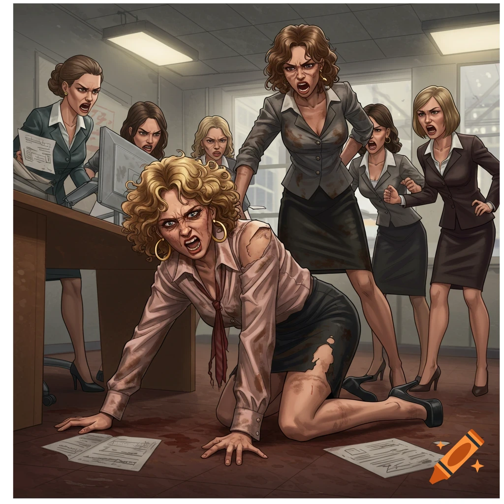 A stylized illustration shows a distressed woman on hands and knees with ripped clothes, surrounded by angry women in an office.