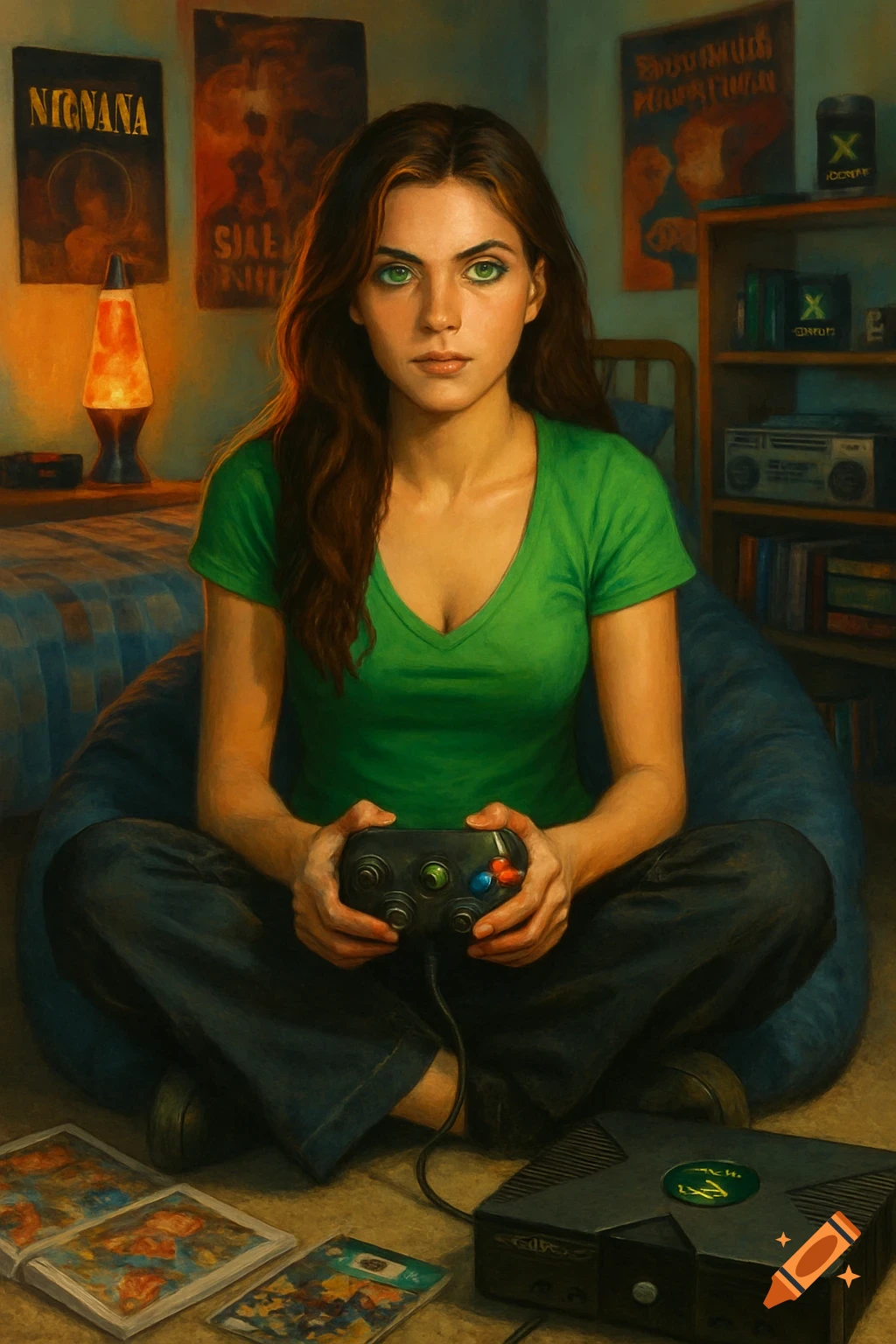 A young woman with long brown hair and green eyes sits on a bean bag chair, playing an original Xbox with a controller in a 90s-era bedroom with band posters and a lava lamp.