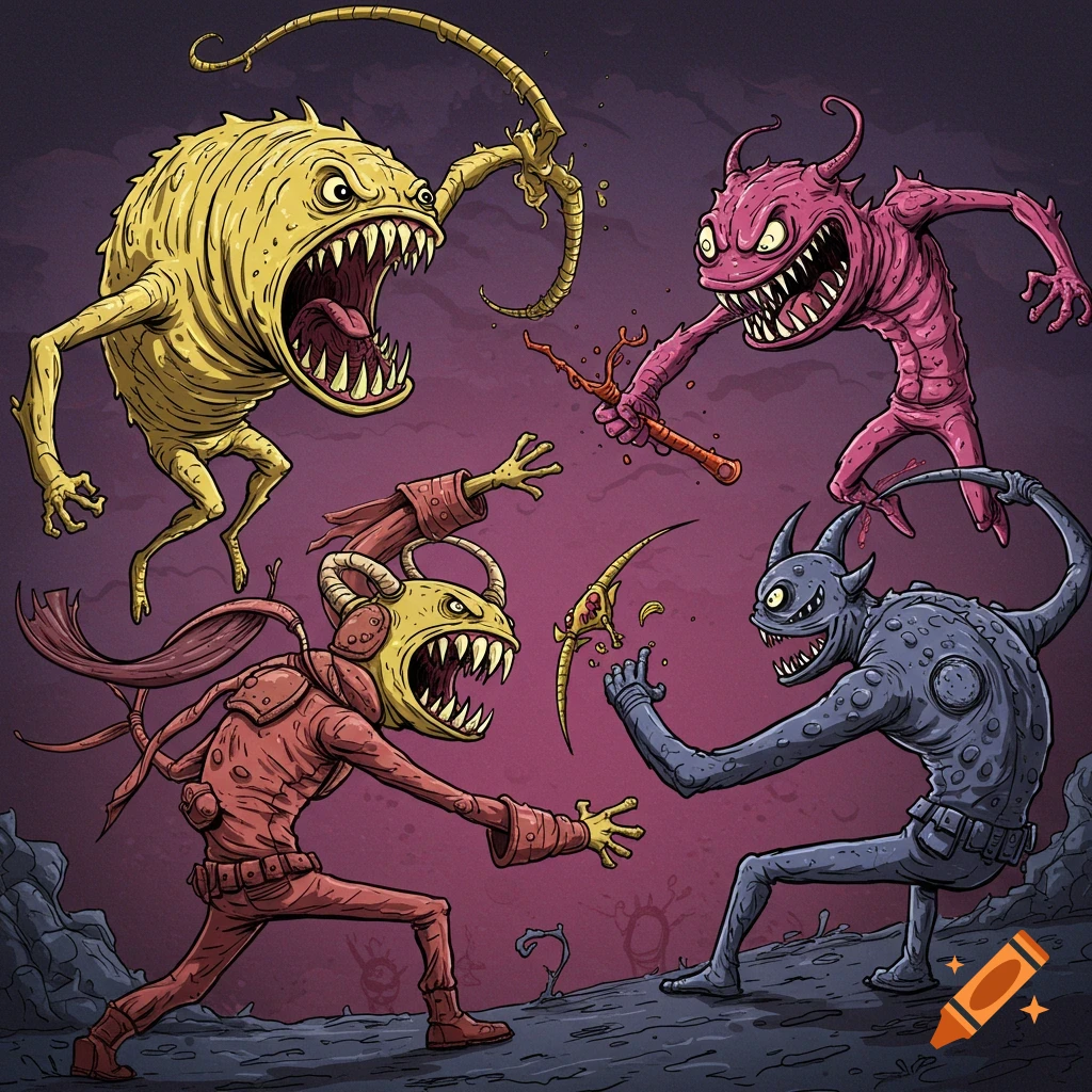 A vibrant cartoon illustration of four grotesque monsters, yellow, pink, red, and blue, with sharp teeth and claws, battling on a dark, alien landscape.