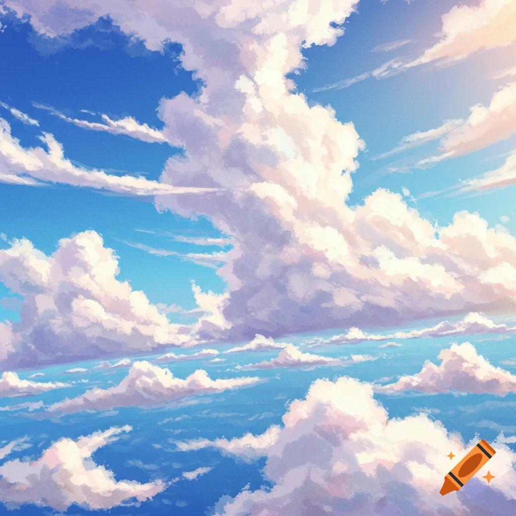 A vibrant anime-style sky filled with large, fluffy white and pink-tinged clouds.