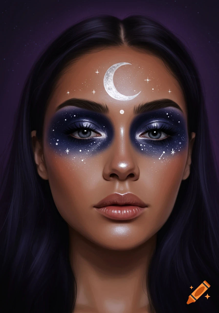A digital painting of a woman with moon and star makeup on a purple background.