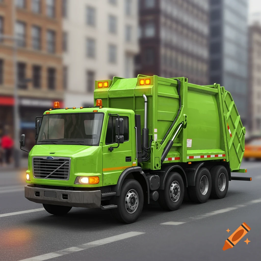 A bright green garbage truck drives down a city street.