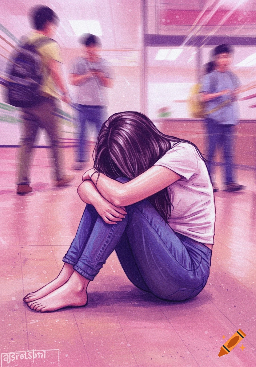 A sad young woman sits on the floor, head down, hugging her knees, while blurred figures walk past her in a school hallway. Illustrated in bright pastel colors.