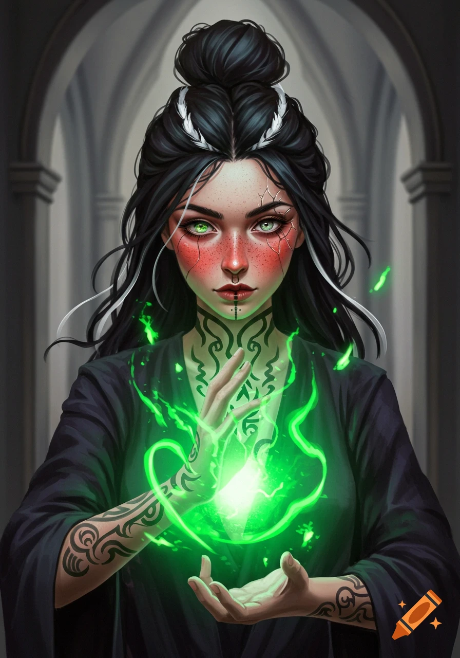 Digital illustration of a dark-haired woman with cracked skin, green eyes, and tattoos, casting green magic in a gothic hall.
