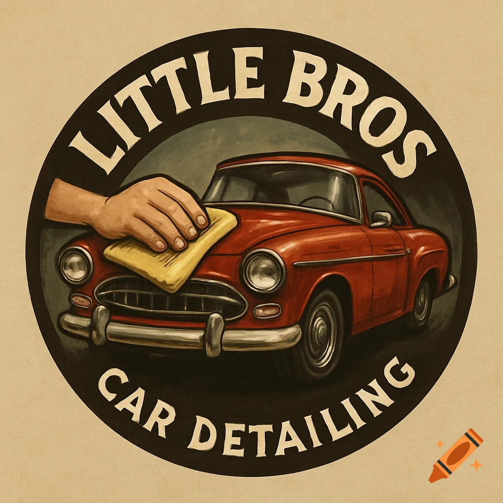 A vintage style circular logo for 'Little Bros Car Detailing' showing a hand with a sponge washing a red classic car.