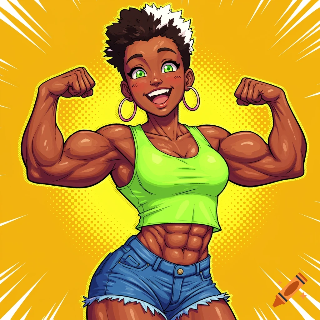 Smiling cartoon woman with dark skin and spiky hair flexes biceps and abs in a neon green top and denim shorts against a yellow comic book background.