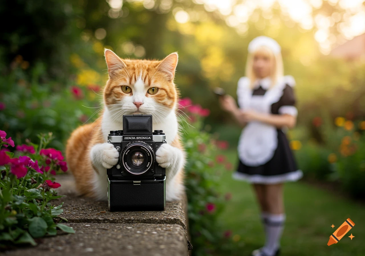 A photorealistic image of an orange and white cat holding a Zenza Bronica camera, with a blurred blonde maid in a garden background.
