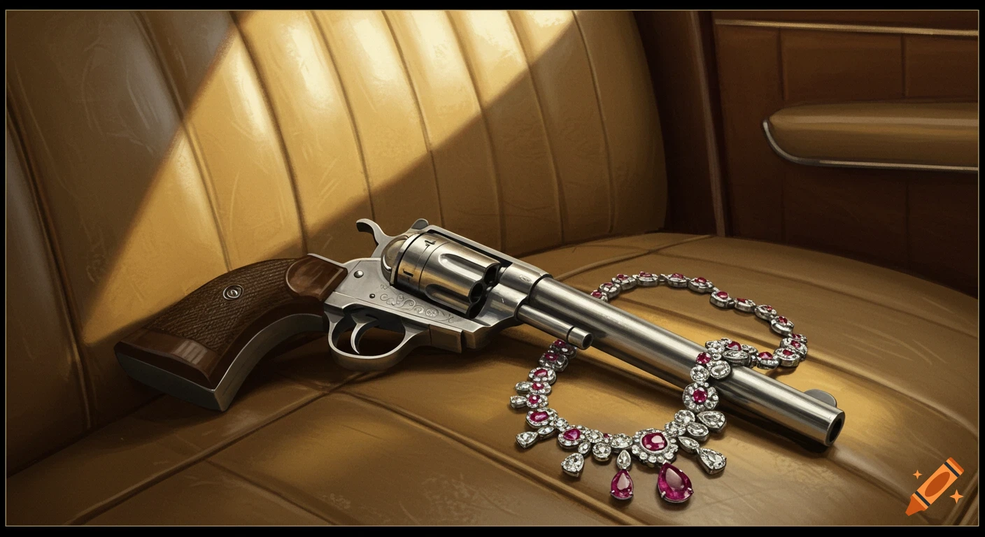 A silver revolver and diamond and ruby necklace rest on a tan leather vintage car seat.