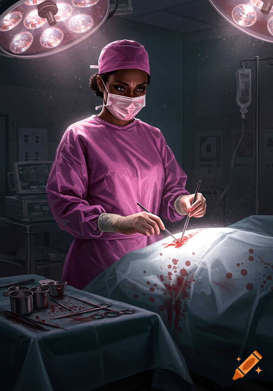 A Black female surgeon in pink scrubs performs surgery in a dim operating room, blood splattered on the table. Digital art.