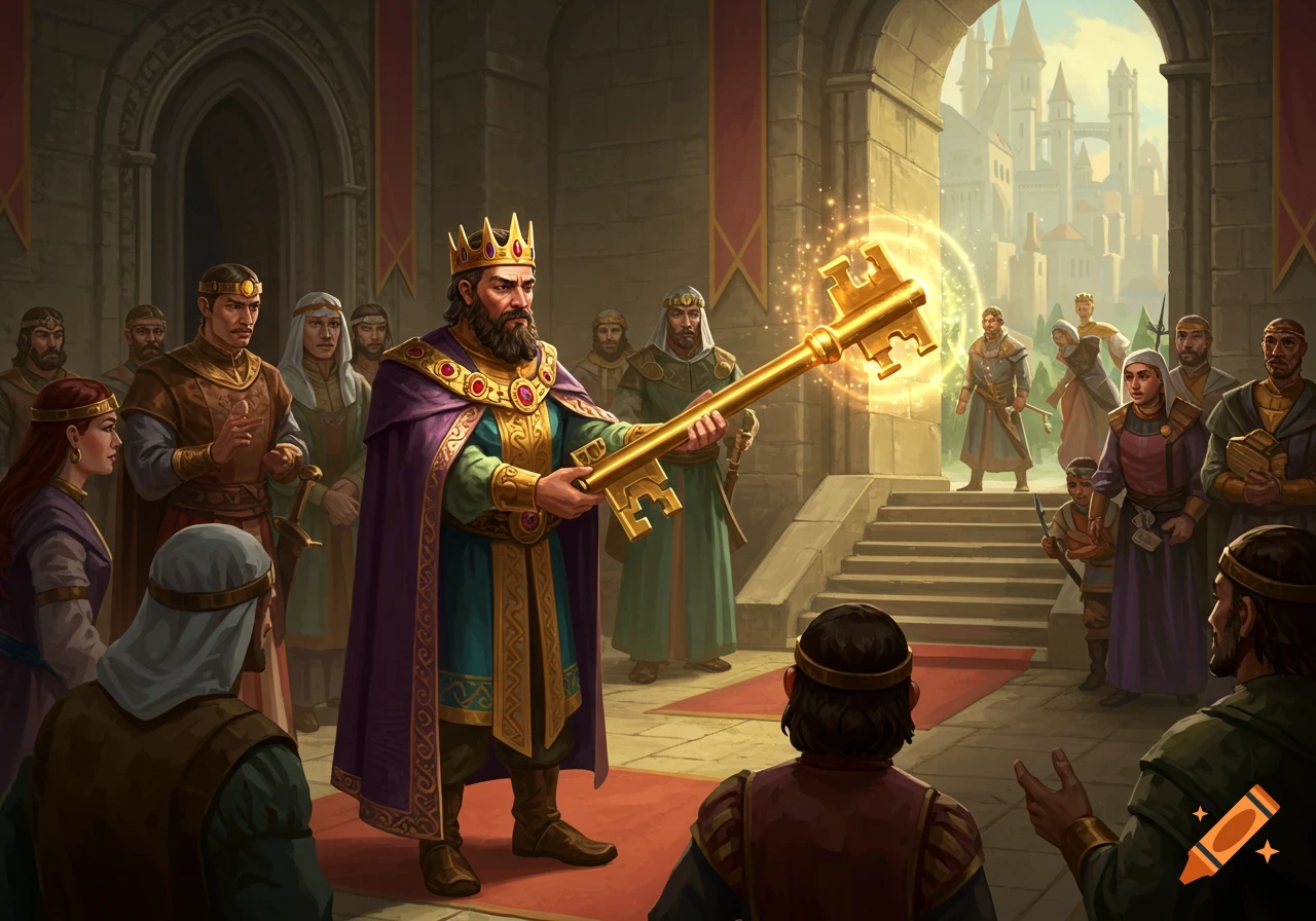 A king in a royal hall presents a large glowing golden key to a gathering of people, with a castle city visible outside.