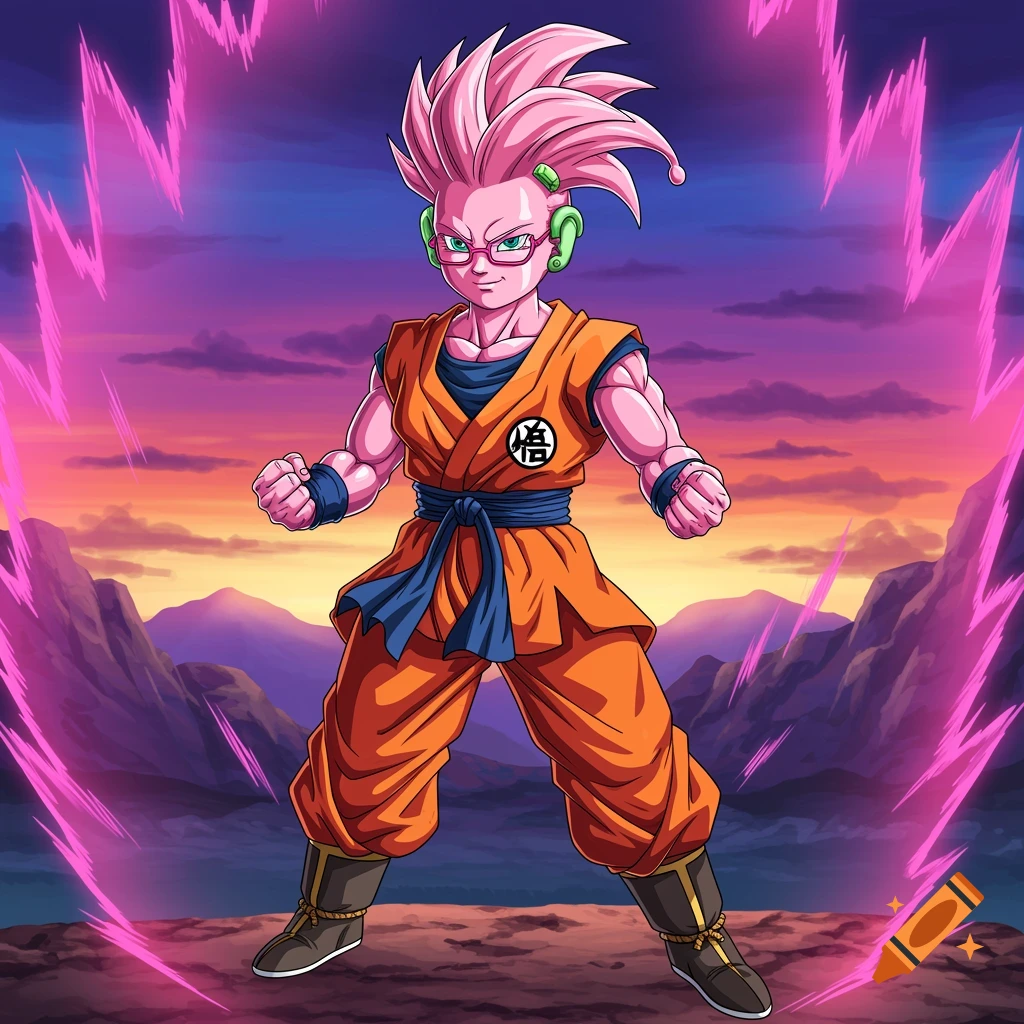 A pink-haired character with pink glasses and green hearing aids, wearing an orange gi, stands with a pink aura against a sunset sky in Dragon Ball Z style.