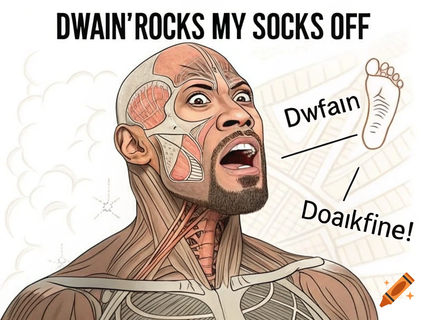 A meme illustration of Dwayne 'The Rock' Johnson's head with exposed facial muscles and a cartoon foot, accompanied by text.