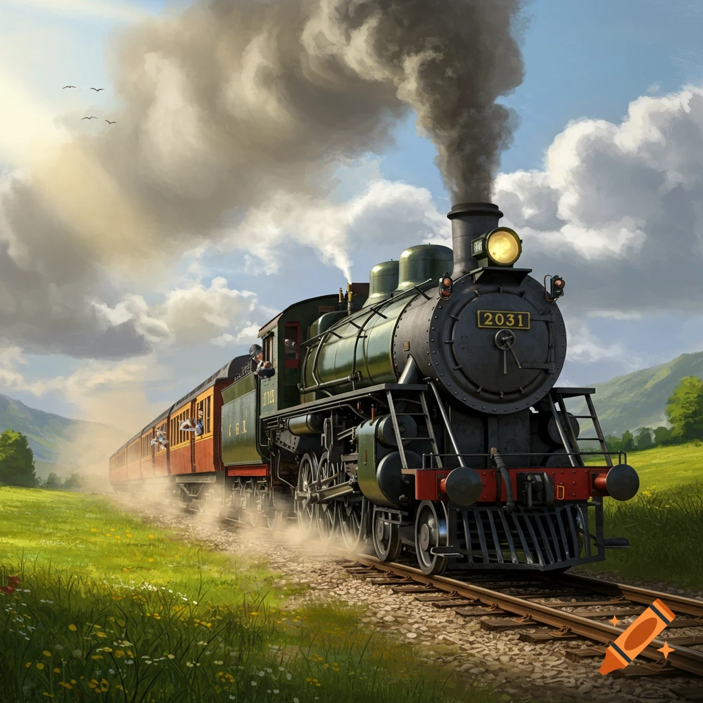 A vintage green and black steam train, numbered 2031, emits dark smoke as it travels through a grassy valley under a cloudy sky.