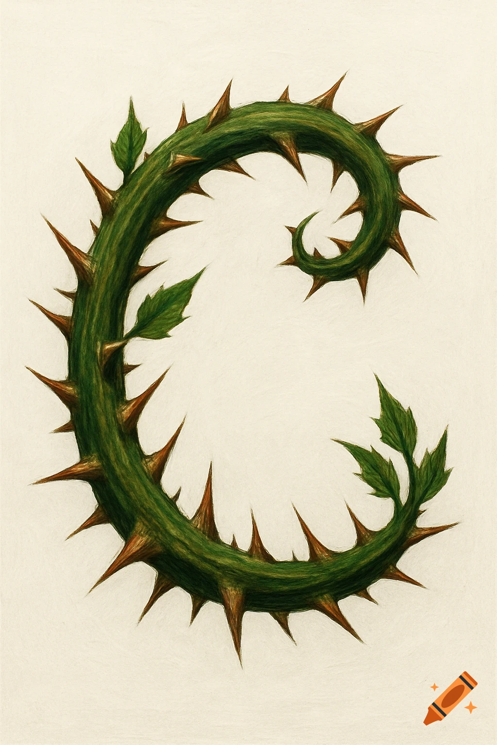 An illustration of a capital letter C formed by a green thorny vine with small leaves.