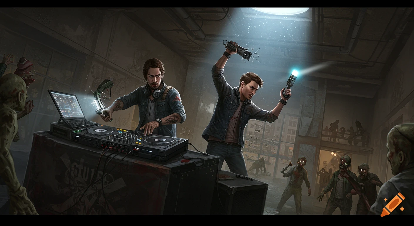 Two men battle zombies in a ruined building with DJ decks and a glowing projector, illuminated by a beam of light.