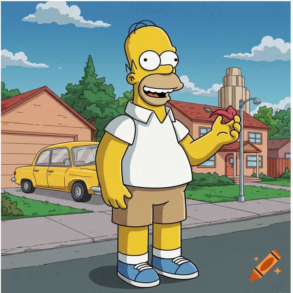 Homer Simpson stands on a suburban street, holding a red object, in a cartoon style.
