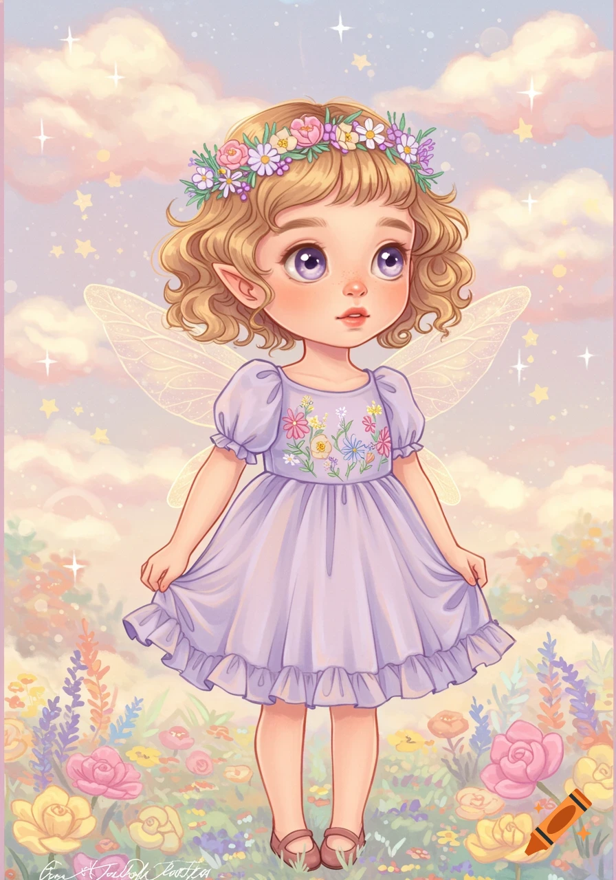 A whimsical illustration of a blonde fairy girl with a flower crown and lavender dress, standing in a field of colorful flowers under a soft, dreamy sky.