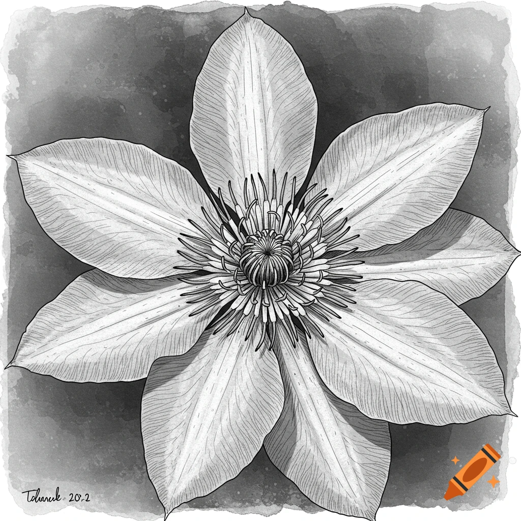 A detailed black and white sketch of a clematis blossom viewed from above.