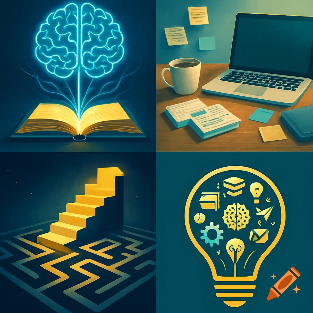 Four abstract panels: a glowing brain over a book, a study desk, a staircase from a maze, and a lightbulb with icons.