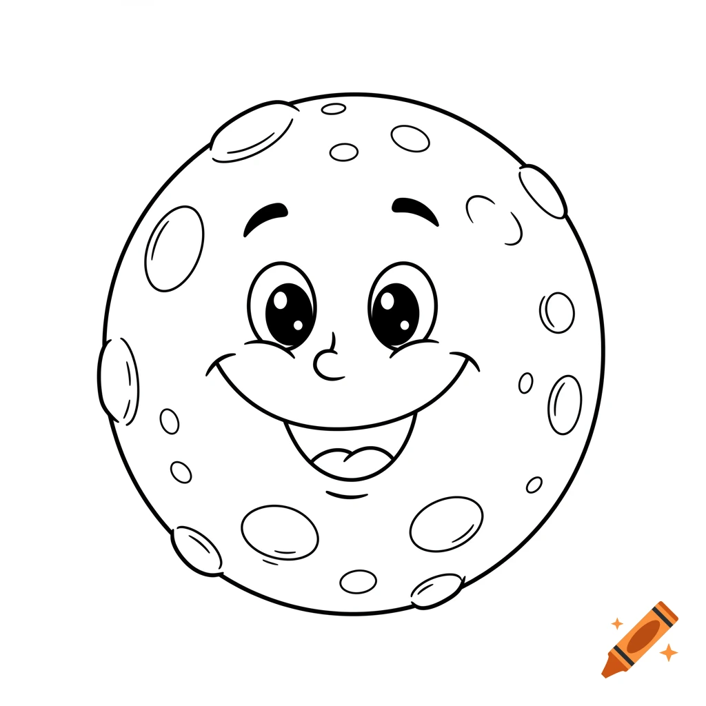Black and white line art of a smiling cartoon moon, suitable for a coloring page.