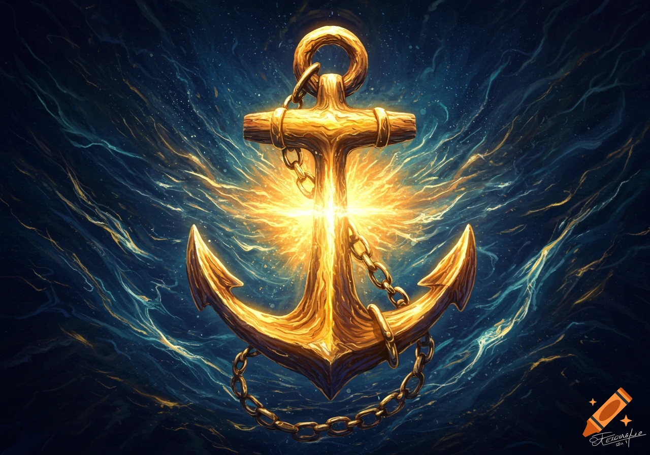 A radiant golden anchor with chains, emanating bright light, set against a dramatic, swirling dark blue and gold abstract background.