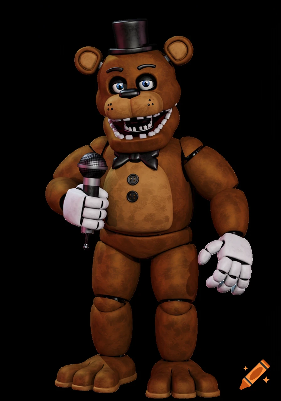 A brown animatronic bear, Freddy Fazbear, wearing a top hat and bow tie, holding a microphone.