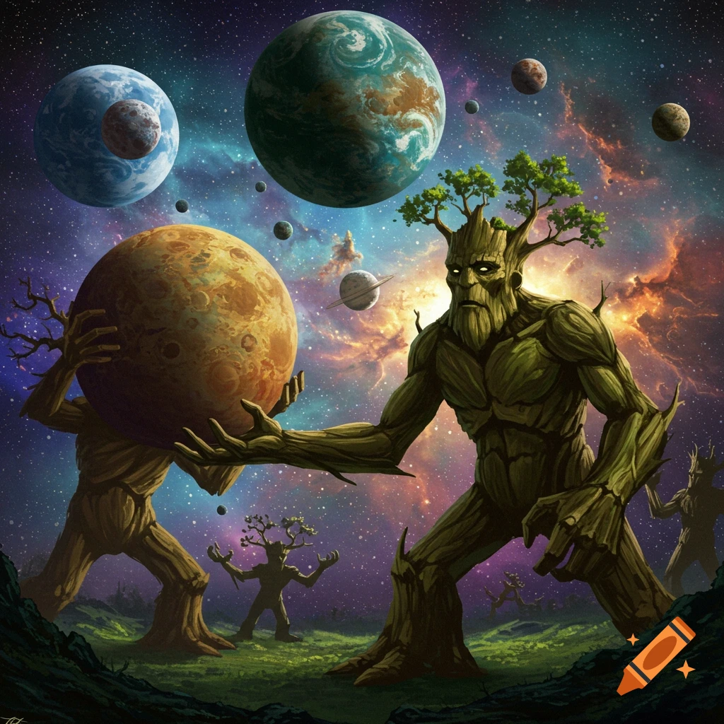 Two large, muscular tree ents in a cosmic landscape, one holding a planet and passing it to another, surrounded by planets and a nebula.