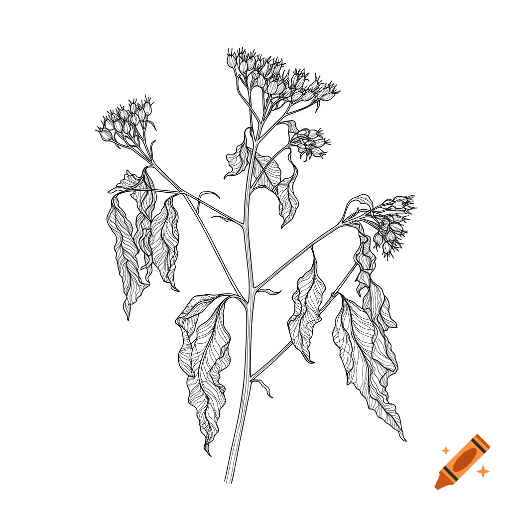 Black and white line drawing of a dead plant with shriveled leaves and small buds, in a coloring book style.