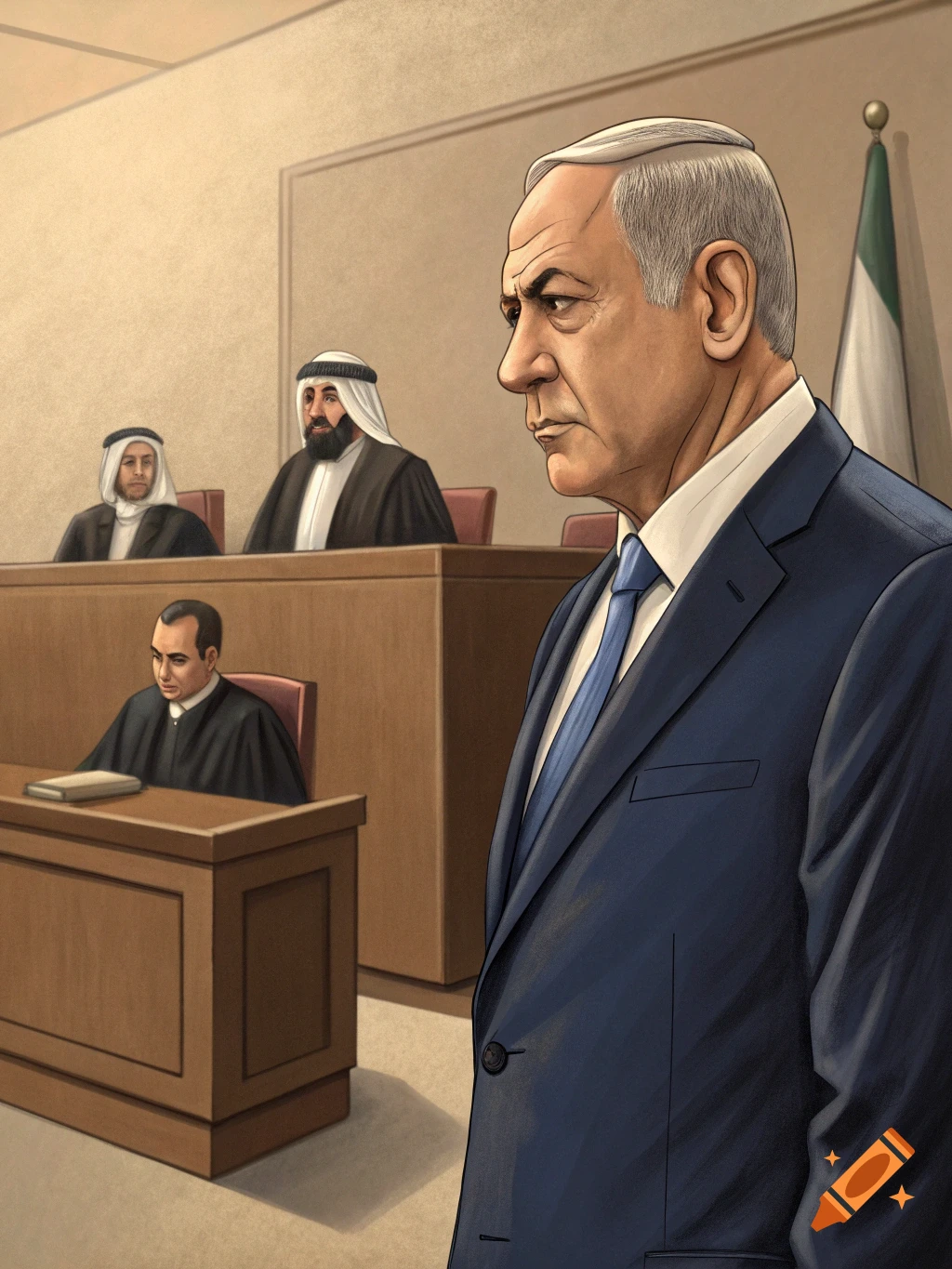 Illustration of Benjamin Netanyahu in a courtroom, looking pensive, with other figures in background.