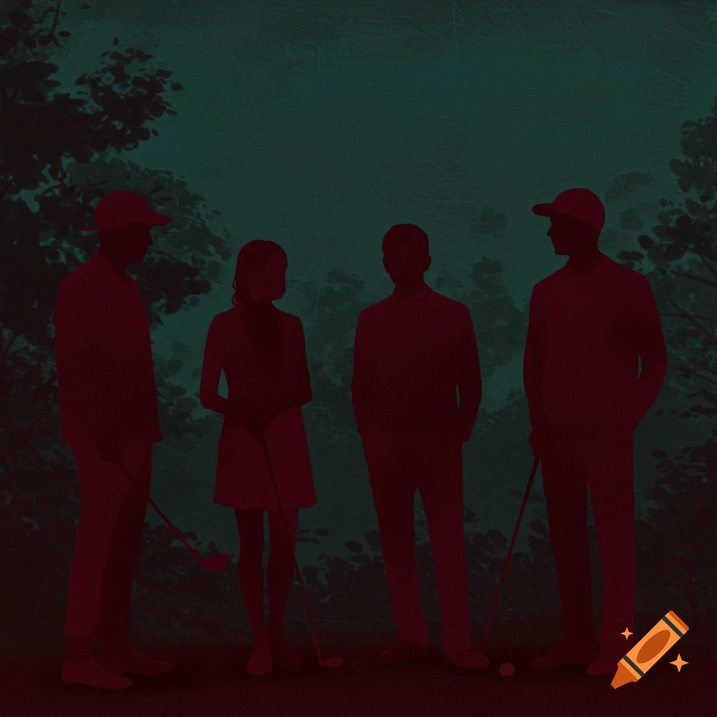 Four red silhouettes of people, two holding golf clubs, against a dark teal background with foliage.