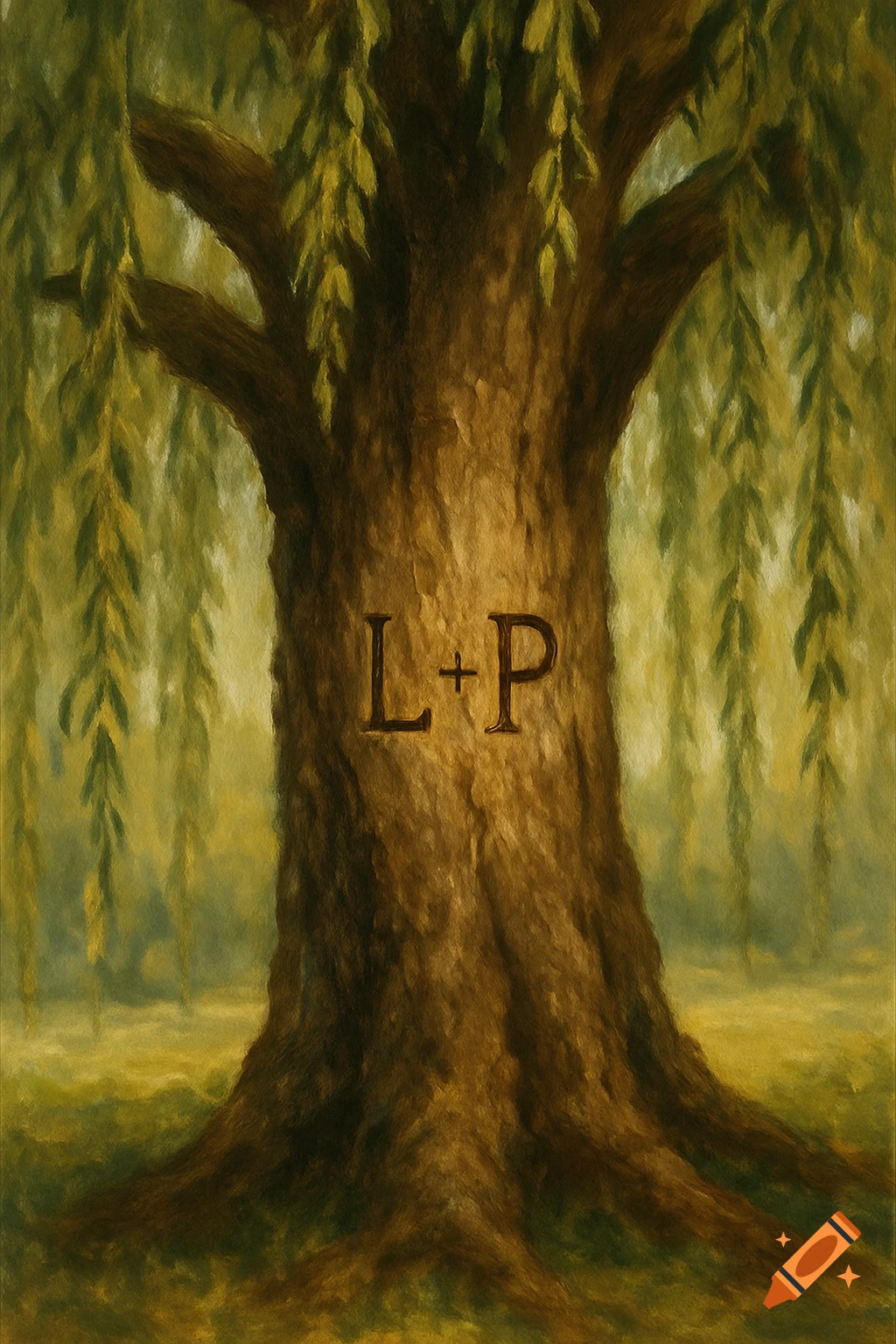 A painting of a large willow tree with the initials 'L + P' carved into its trunk.