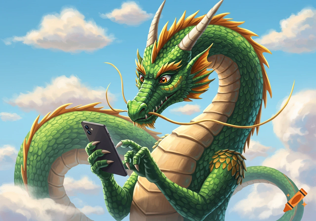 An illustration of a green dragon in the clouds, looking intently at a smartphone it holds in its clawed hands.