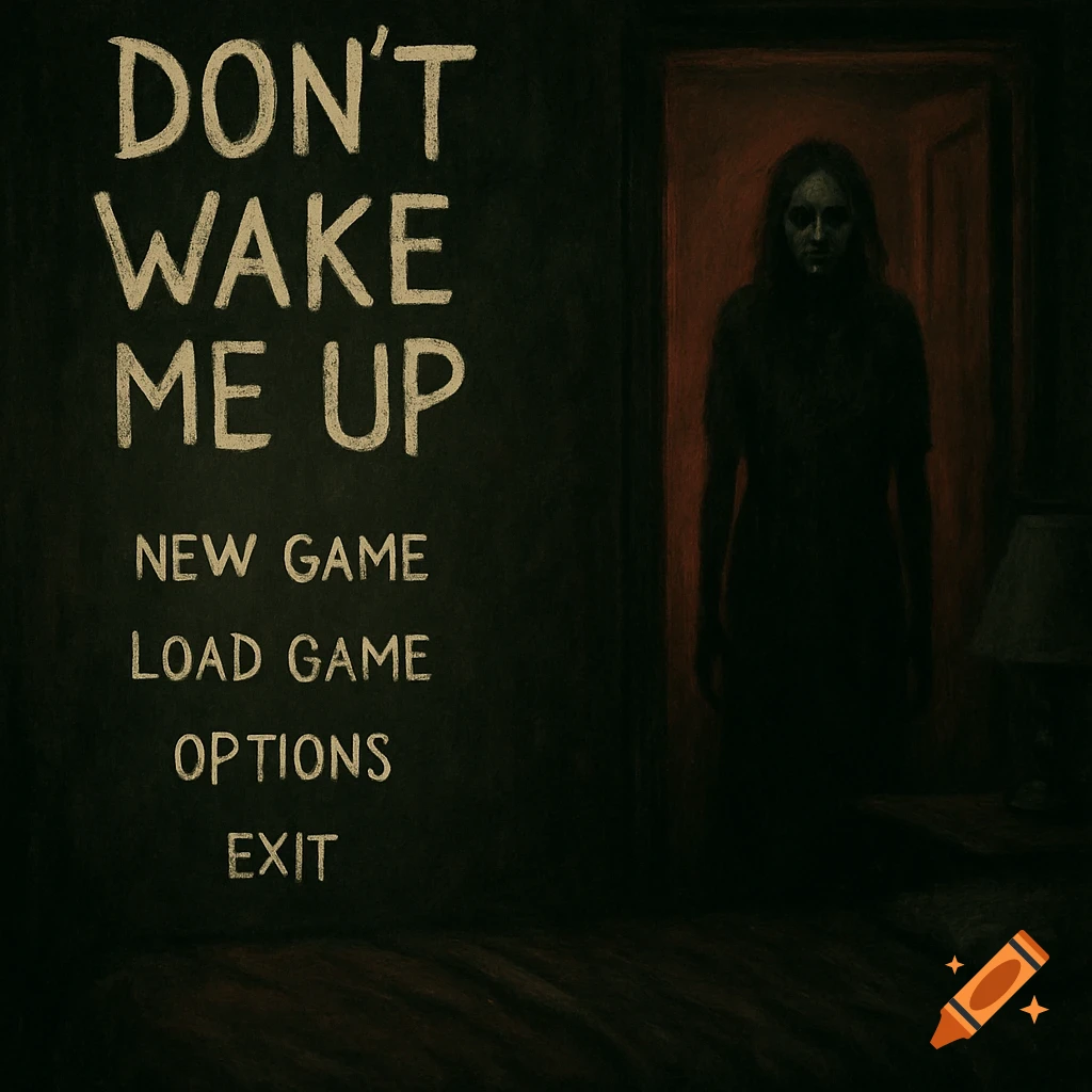A dark horror game menu with "DON'T WAKE ME UP" text and menu options, next to a shadowy female figure in a doorway.